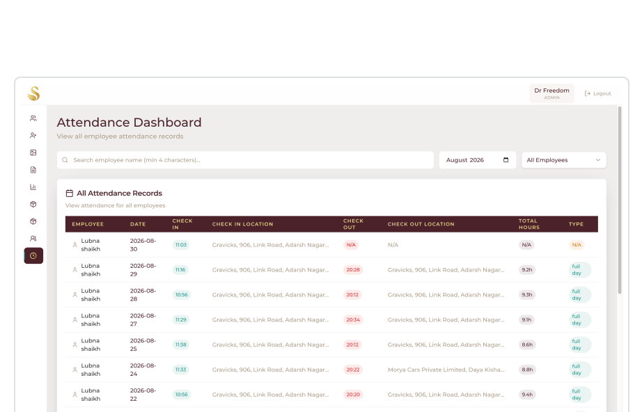 Staff attendance tracked directly in the CRM.